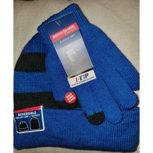 Berkshire Fashions Knit Striped Black Blue Beanie Hat I-Tip Touch Screen Gloves